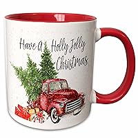 3dRose Have A Holly Jolly Truck with Christmas Trees Ceramic Mug, 11 oz, Red/White