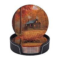 Coasters for Drinks 6 Pcs Round Leather Coasters Autumn Woods Cabin Drink Coasters with Holder Waterproof Coaster Sets Heat Resistant Cup Pads Mug Cup Mats for Kitchen Bar Living Room Home Decor