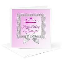 Greeting Card - Princess Crown Silver Frame, Bow, Happy Birthday, Goddaughter, Pink - Birthday Design