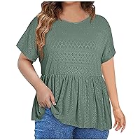Plus Size Tops for Women Crewneck Loose Fit Basic T Shirts Fashion Casual Eyelet Embroidery Tees Summer Flowy Blouses