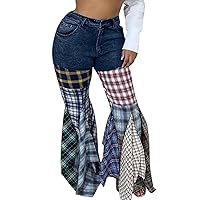 DINGANG Patchwork Jeans for Women High Waisted Straight Leg Denim Pants with Plaid Flared Trim Stretchy Bell Bottoms