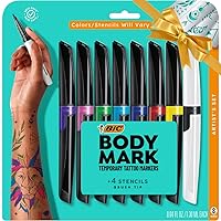 Bic BodyMark Temporary Tattoo Marker with Fine Tip, Precision Series, Assorted Colors, Pack of 8 Markers + 3 Stencils