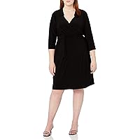 Star Vixen Women's Plus-Size 3/4 Sleeve Fauxwrap Dress, Black Solid, 1X