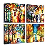 Landscape Canvas Painting Fall Wall Art Colorful Rainbow Abstract Streetscape Art Textured Colorful Decor for Bathroom Bedroom(16x16inch, B)