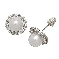 Solid Gold 14k Cubic Zirconia 6mm Cultured Pearl Halo Screw-back Stud Earrings (Yellow or White)…