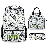 Personalized Panda Girls Backpack with Lunch Box Set, 3 in 1 School Backpacks Matching Combo, Cute White Bookbag and Pencil Case Bundle