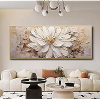 Hand-Painted Flower Canvas Oil Painting for Living Room, Large White Floral Canvas Wall Art for Bedroom,Gold Framed 3D Textured Painting for Office Kitchen Home Decoration 24x56 inches