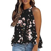 Women Halter Neck Sleeveless Tank Tops Summer Floral Ruffle Hem Blouse Lace Up Loose Camisole Shirt Flowy Tunic Top