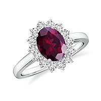 Natural Rhodolite Garnet Princess Diana Halo Ring for Women Girls in Sterling Silver / 14K Solid Gold/Platinum