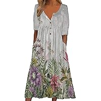2024 Summer Womens Short Sleeve Boho Floral Print Maxi Dress Casual V Neck Loose Midi Shirt Dress with Pockets