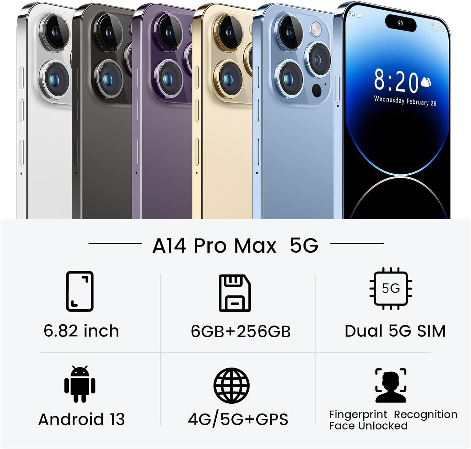 SANSHREUNI A14 Pro Max Unlocked Cell Phone, 6GB+256GB Android 13 Unlocked Phones, 6.82
