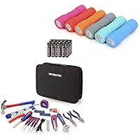 EverBrite 9-LED Flashlight 6-Pack Impact Handheld Torch Assorted Colors with Lanyard 3AAA Battery Included (Hurricane Supplies, Camping, Hiking, Emergency, Hunting) and WORKPRO 100 Piece Home Tool Kit
