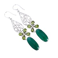 Green Onyx & Peridot Gemstone 925 Solid Sterling Silver Dangle Earrings fabulous Handmade Jewelry For Women
