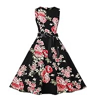 Women's Vintage Floral Flared A-Line Swing Casual Party Cocktail Dresses Sleeveless Elegant Bridesmaid Dress with Belt