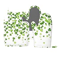 Oven Mitts and Pot Holders St. Patrick's Day Shamrock Clover Silicone Kitchen Accessories Set of 4 Heat Resistant Long Gloves Potholder Non-Slip Grip for Chef Cooking Baking Grilling BBQ