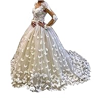 3D Butterfly Lace Puffy Wedding Dress White/Ivory Long Sleeve Bridal Gown