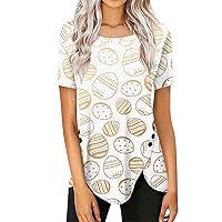 Short Sleeve Tee Womens Tshirt Easter Printed Tops Fashion Shirt Round Neck Button-Down Trendy Blouse 2024 Tunic