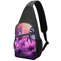 Chest Bag Sling Bag for Men Women Flowers And Purple Butterfly Sport Sling Backpack Lightweight Shoulder Bag for Travel