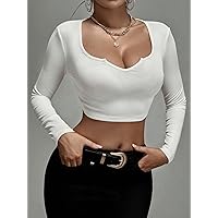 Solid Notch Neck Crop Tee (Color : White, Size : Small)