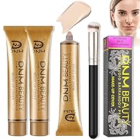 2Pcs Full Coverage Foundation With 1Pcs Brush, Cream Contouring Makeup Kit, Waterproof Liquid Foundation For Tattoo, Dark Circles Red Marks Scars,Cream Contour Concealer, 30g*2, 210, A2