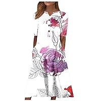Midi Dresses for Women Elegant Floral Sexy V Neck Short Sleeve Summer Dress Casual Button Down Smocked Flowy Dress