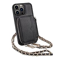 ONNAT-Crossbody Leather Case for iPhone 15 Pro Max with Card Slot Women's Fashion Chain Shoulder Strap Case (Black)