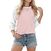Women Casual T-Shirts 3/4 Sleeve Crewneck Patchwork Tops Comfy Color Block Cute Blouse