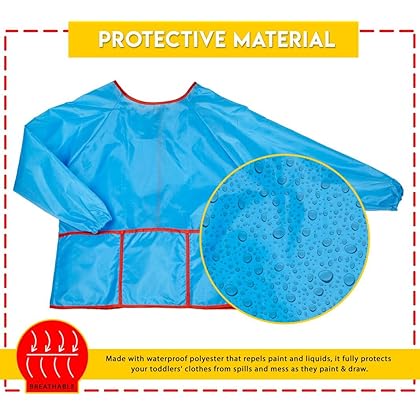 alpree Kids Art Smock Waterproof and Paint Repellent Long Sleeve Painting Aprons with Elastic Tight Cuffs with 3 Pockets