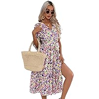 Womens Summer Wrap Midi Dress,Boho Floral Short Sleeve Dress Flowy Maxi Dress Casual Sundress Beach