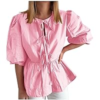 Women Tie Front Tops Puff Sleeve Shirts Dressy Blouse Ruffle Hem T Shirts Peplum Tees Babydoll Tops Y2k Going Out Top