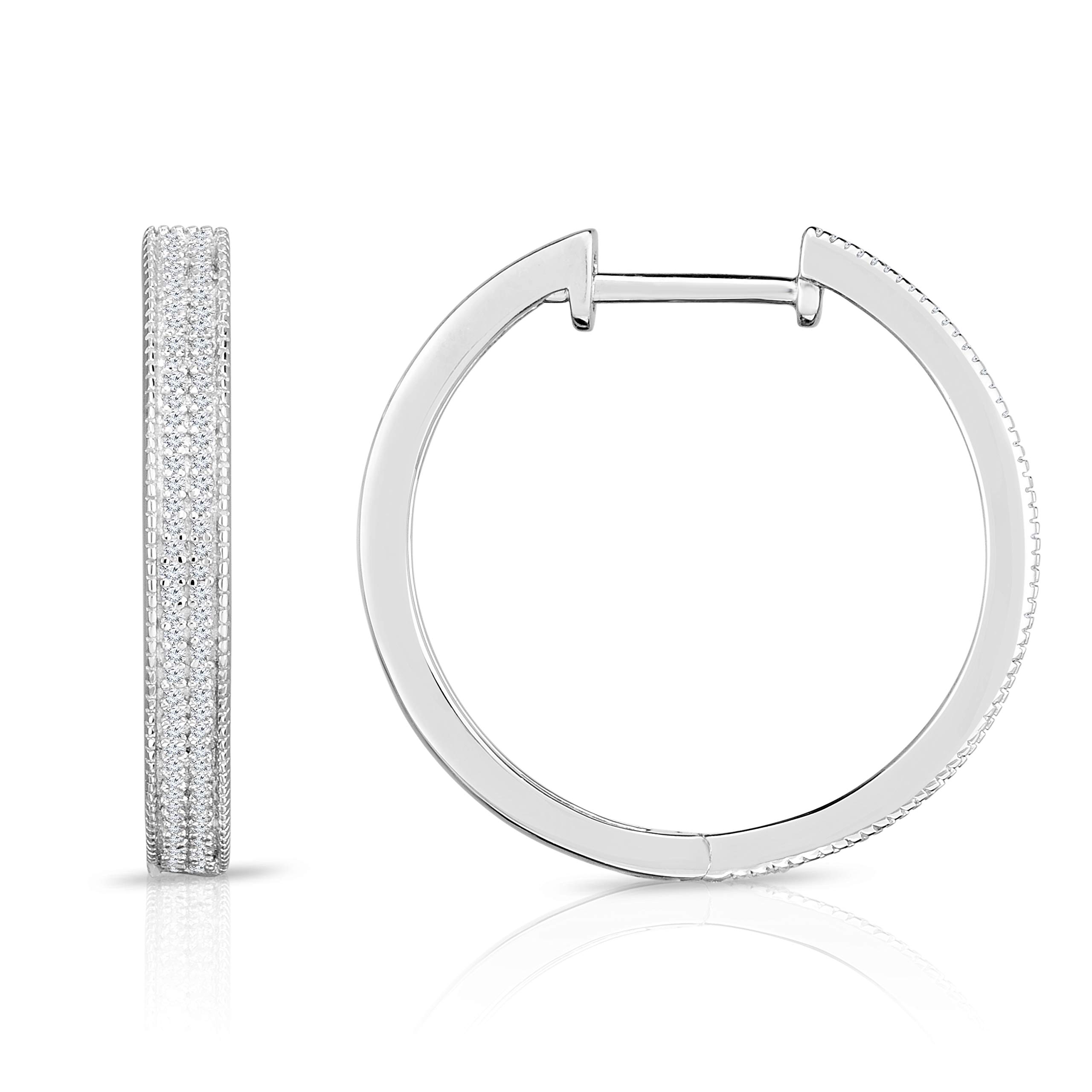 NATALIA DRAKE Diamond Hoop Earrings for Women in Rhodium Plated Sterling Silver (Color HI/Clarity I2-I3)