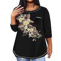 Plus Size Tshirts for Women Plus Size Tops for Women 2024 Sparkly Casual Fashion Loose Fit Trendy with 3/4 Length Sleeve Round Neck Shirts Yellow 4X-Large
