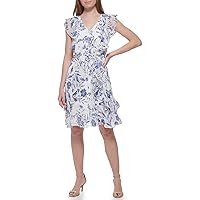 Tommy Hilfiger Women's Fit and Flare Ruffle Sleeve Chiffon Dress, Ivory Multi