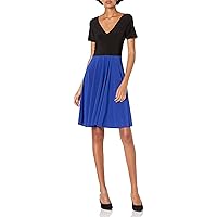 Star Vixen Women's Sleeve V-Neck Solid Bodice Print Skirt Short Dress with Curved Hemline