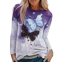 Ladies Tops and Blouses Spring Long Sleeve Round Neck Pullover Loose Casual Trendy Feather Printed Tee Shirts