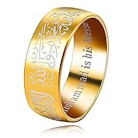 Uloveido Muslim Mohammad Arabic Letter Shahada Rings Gold Color Stainless Steel 8mm Wide Band Religious Allah Rings for Men and Women Y543