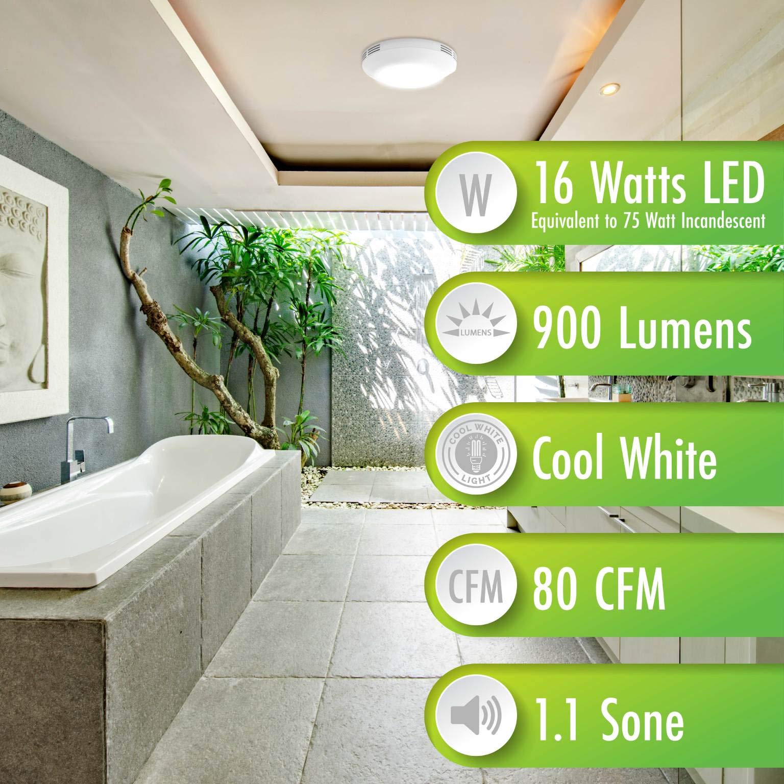 Homewerks 7117-01-WH Bathroom Integrated LED Light Ceiling Mount Exhaust Ventilation 1.1 Sones 80 CFM, Bath Fan White