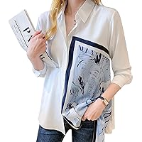 LAI MENG FIVE CATS Women's Elegant Collared Neck Print Button Down Loose Casual Blouse Tops