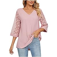 Womens Tops Fashion Solid Color V-Neck Three Quarter Sleeve Lace Flare Sleeve T-Shirts Summer Loose Casual Blouses