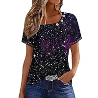 Summer Tops for Women 2024 Casual Dressy Short Sleeve Shirts Button Decor T Shirts Printed Tunic Tops Loose Fit Blouses