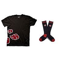 Ripple Junction Naruto Shippuden Ultimate Fan Bundle: ADULT SMALL Men’s Naruto Shippuden Akatsuki Red Cloud Symbol T-Shirt & Naruto Shippuden Akatsuki Red Cloud Anime Crew Socks, 1-Pack