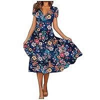 Summer Dresses for Women 2024 Floral Boho Dress Beach Casual Mid Length Dress Short Sleeve Elegant Flowy Midi Dress