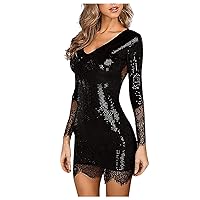 Women Fashion Sexy Dress for Party V-Neck Sequined Long Sleeve Lace Hollow Dress