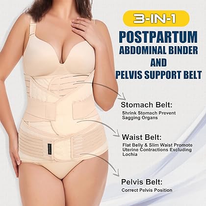 ChongErfei 3 in 1 Postpartum Support - Recovery Belly/waist/pelvis Belt Shapewear Slimming Girdle, Beige, L/One Size For Posture Correction