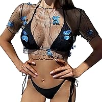 Maternity Swimsuit Coverup Pants Bikini Set with Cover up Beach Swimwear Bikini Set Butterfly See Through She