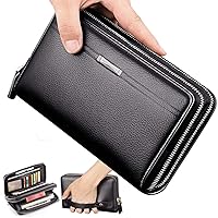 Black Sales Friday Deals Mens Long Leather Cellphone Clutch Wallet Purse for Men Large Travel Business Hand Bag Cell Phone Holster Card Holder Case Gift for Father Son Husband Boyfriend (Black)