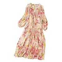 Women Dress Silk Floral Printed V Neck Long Sleeve Elastic High Waist Midi Pink A Line Two Piece Set 2781