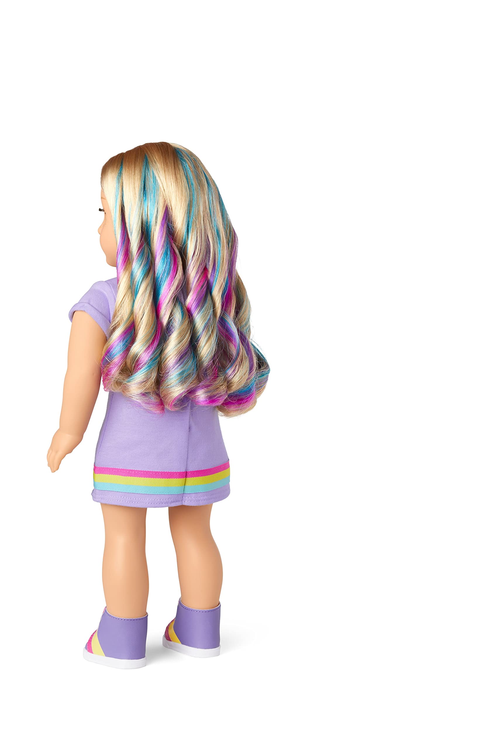 American Girl Truly Me 18-Inch Doll 110 with Light-Blue Eyes, Wavy Blonde Hair with Purple and Blue Highlights, Light Skin with Warm Olive Undertones, Purple Printed T-Shirt Dress