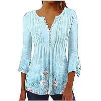 Womens Summer Fall Tops 2023 2024 3/4 Sleeve Floral Printed Tunic Shirts Basic Stone Printing Tees Button Blouses