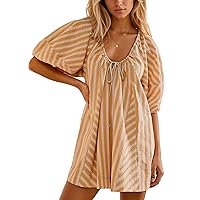 Women Striped Summer Rompers Puff Short Sleeve Oversized Short Jumpsuits with Pockets Trendy Vacation Outfits